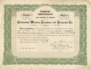 Continental Wireless Telephone and Telegraph Co. - 1910 dated Stock Certificate